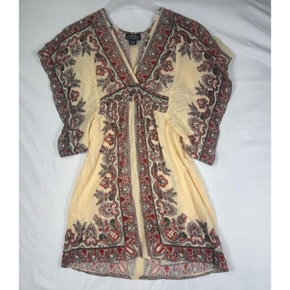 Angie Womens M Cream Red Paisley Kimono Sleeve Empire Waist Boho Mini Dress